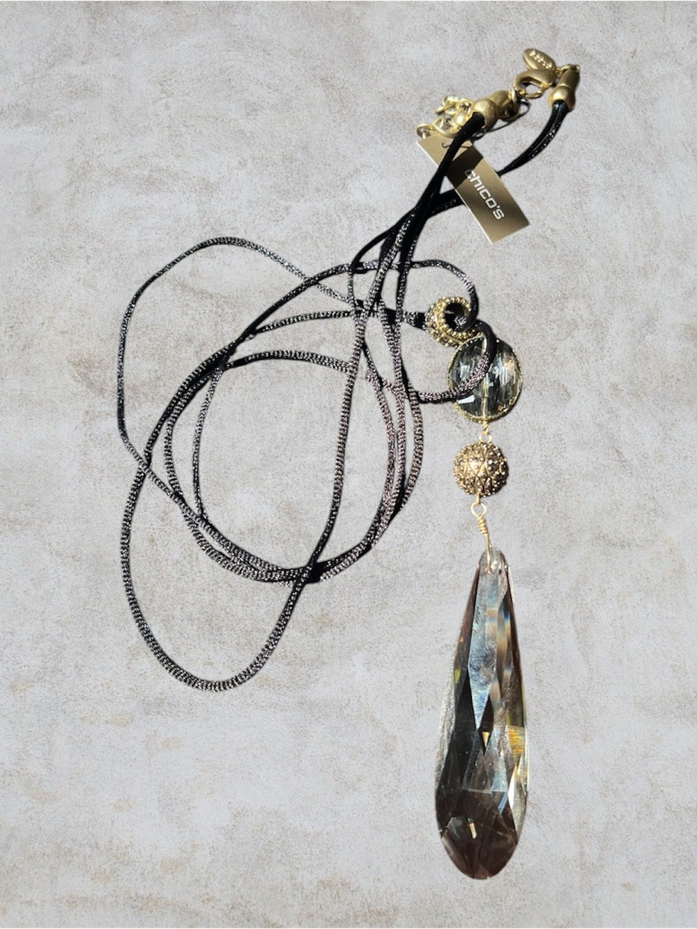 Chico's Black Cord Necklace with Gold Accents and Smoky Teardrop